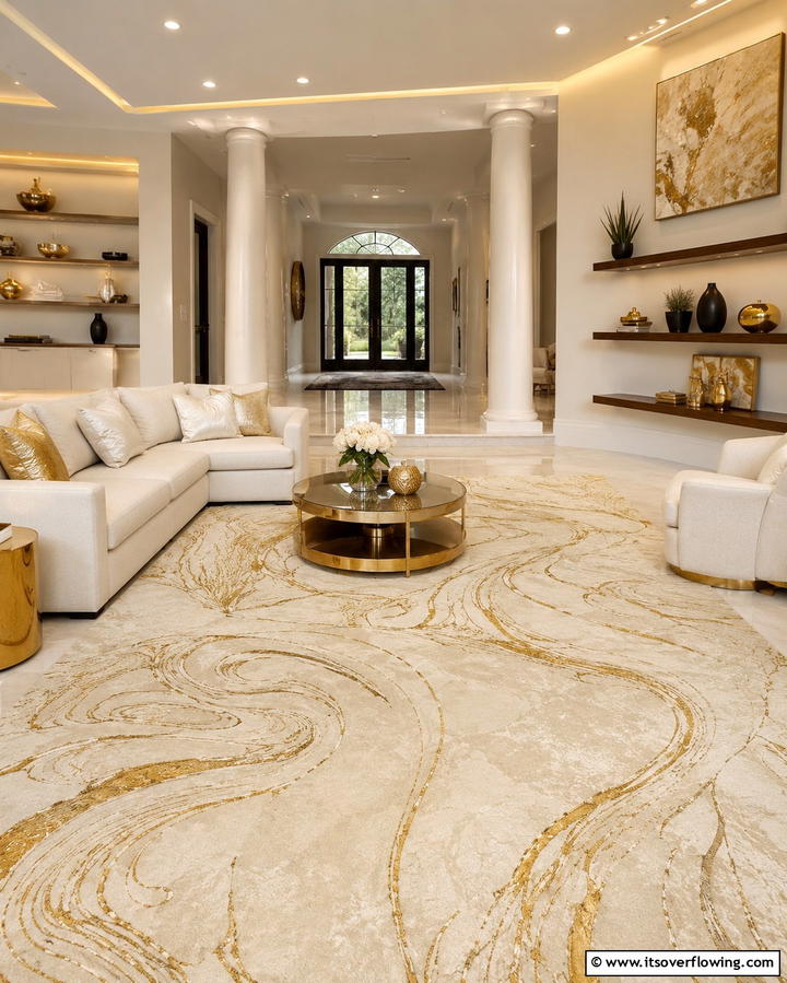Luxurious Cream and Gold Rug Statement - 30 Elegant Cream & Gold Living Room Themes for Luxe Interiors