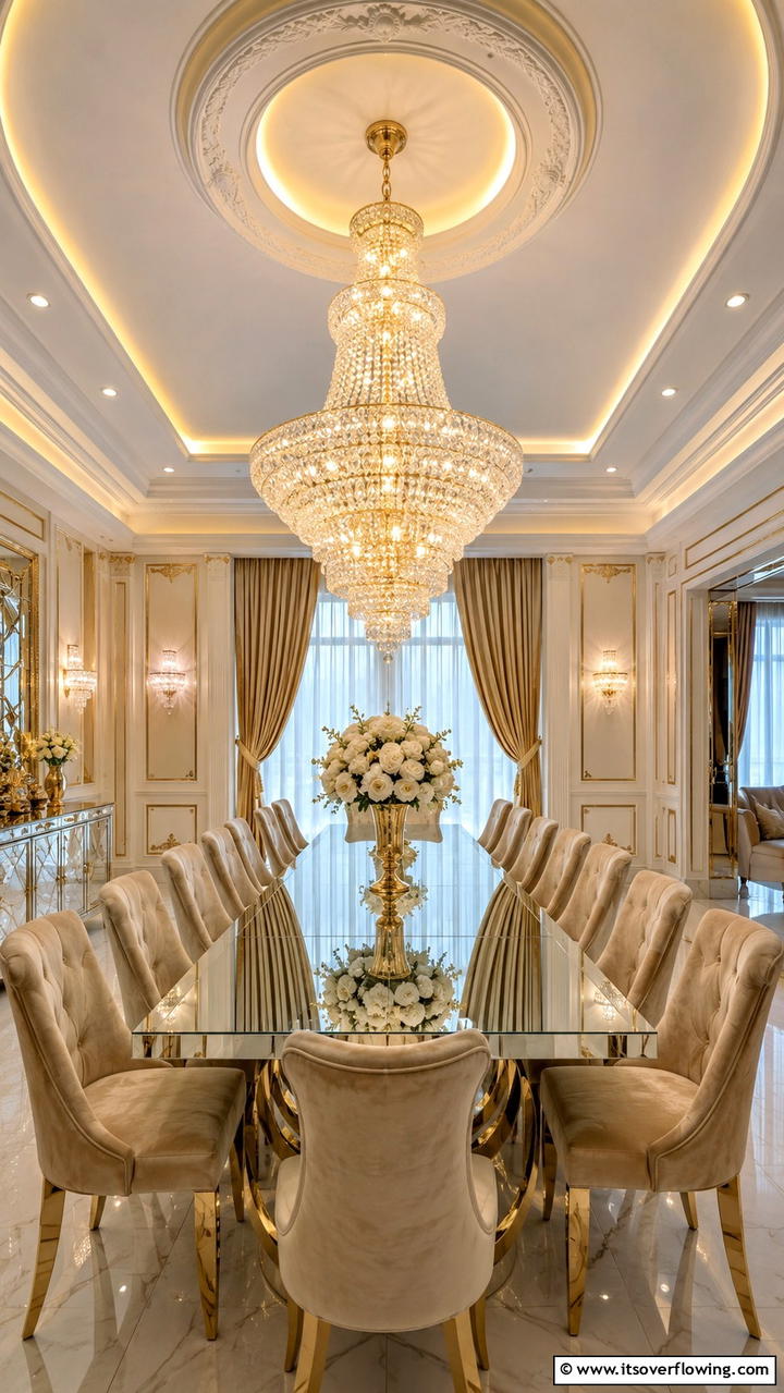Luxurious Crystal Fixtures - 30 Dining Room Ceiling Ideas to Elevate Your Space