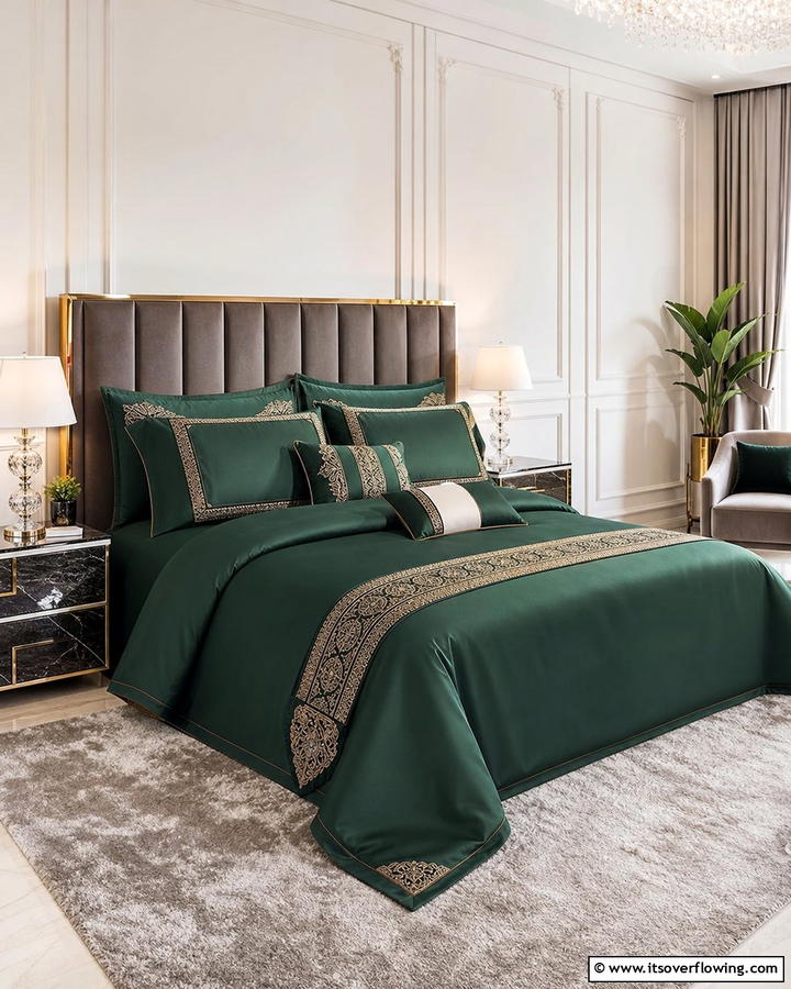Luxurious Dark Green Bedding Ensemble - 21 Dark Green Bedroom Ideas- Moody & Luxurious Spaces