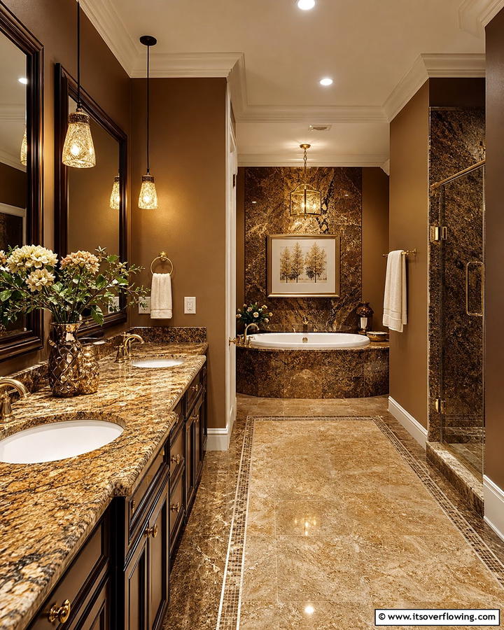 Luxurious Details with Gold Toned Brown Granite - 20 Elegant Brown Granite Bathroom Ideas for a Luxurious Look