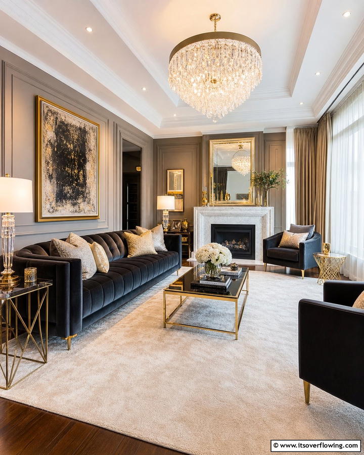 Luxurious Elevated Style - 21 Dark Grey Couch Living Room Styling Ideas