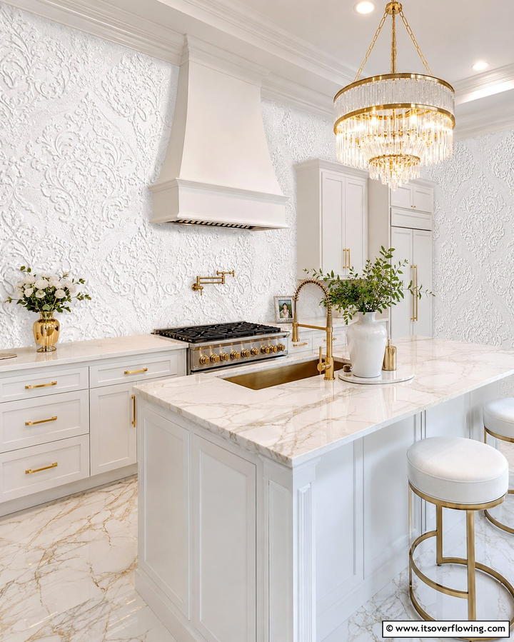 Luxurious Embossed Finishes - 30 Kitchen Wallpaper Ideas- Bold Backsplashes & Accent Walls