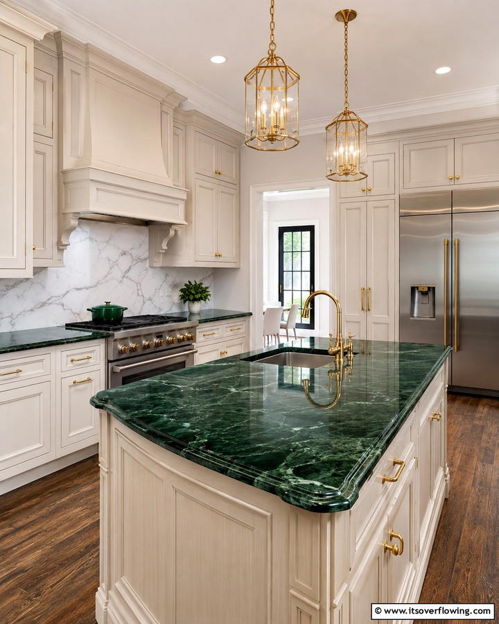 Luxurious Emerald Green with Gold Accents - 25 Kitchen With Green Countertops Ideas for Freshness