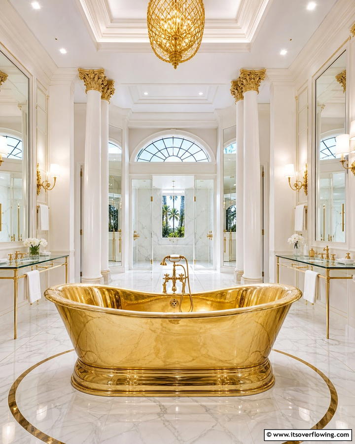 Luxurious Freestanding Gold Bathtub - 25 White and Gold Bathroom Ideas for a Luxurious Look