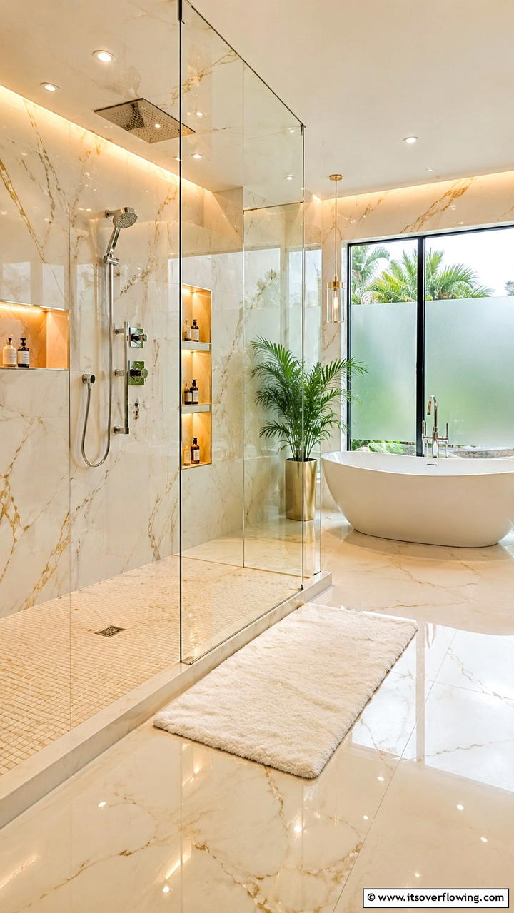 Luxurious Freestanding Shower - 30 Doorless Walk-In Shower Ideas for Modern Bathrooms