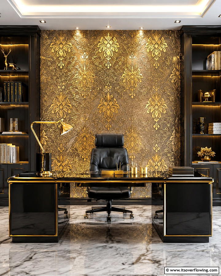 Luxurious Gold Accents - 30 Office Wallpaper Ideas for a Productive Workspace