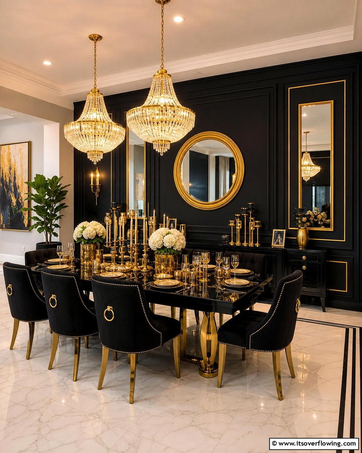 Luxurious Gold Accents - 20 Black Accent Wall Dining Room Ideas for a Bold Look