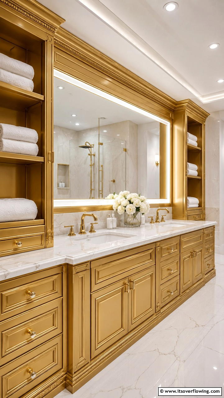 Luxurious Gold Cabinetry - 30 Gold Bathroom Ideas for Luxurious, Modern Spaces