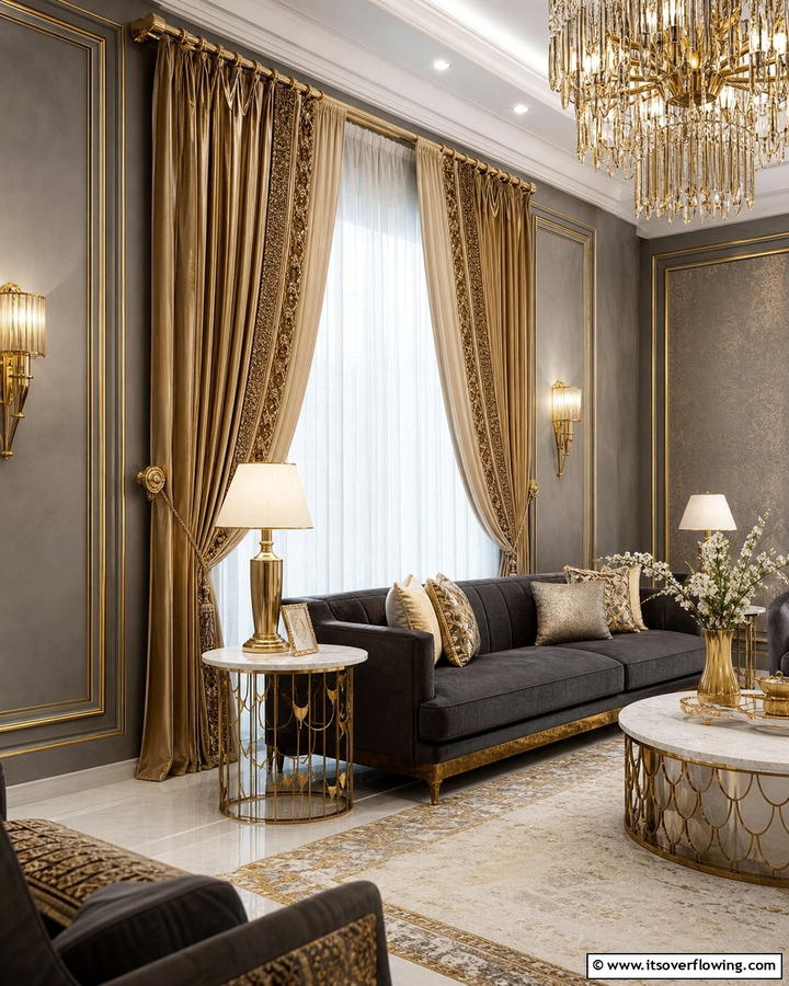 Luxurious Gold Details - 30 Curtain Color Ideas Perfectly Paired With Gray Walls