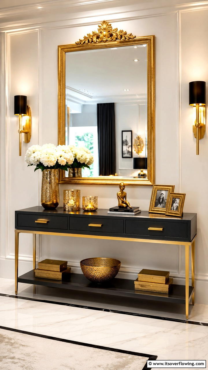 Luxurious Gold Touches - 30 Console Table Decor Ideas- Elevate Entryways and Halls