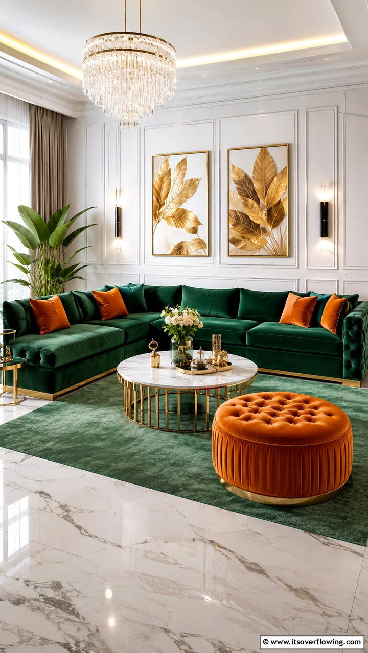 Luxurious Green Velvet with Orange Highlights - 30 Green and Orange Living Room Ideas for Bold Style