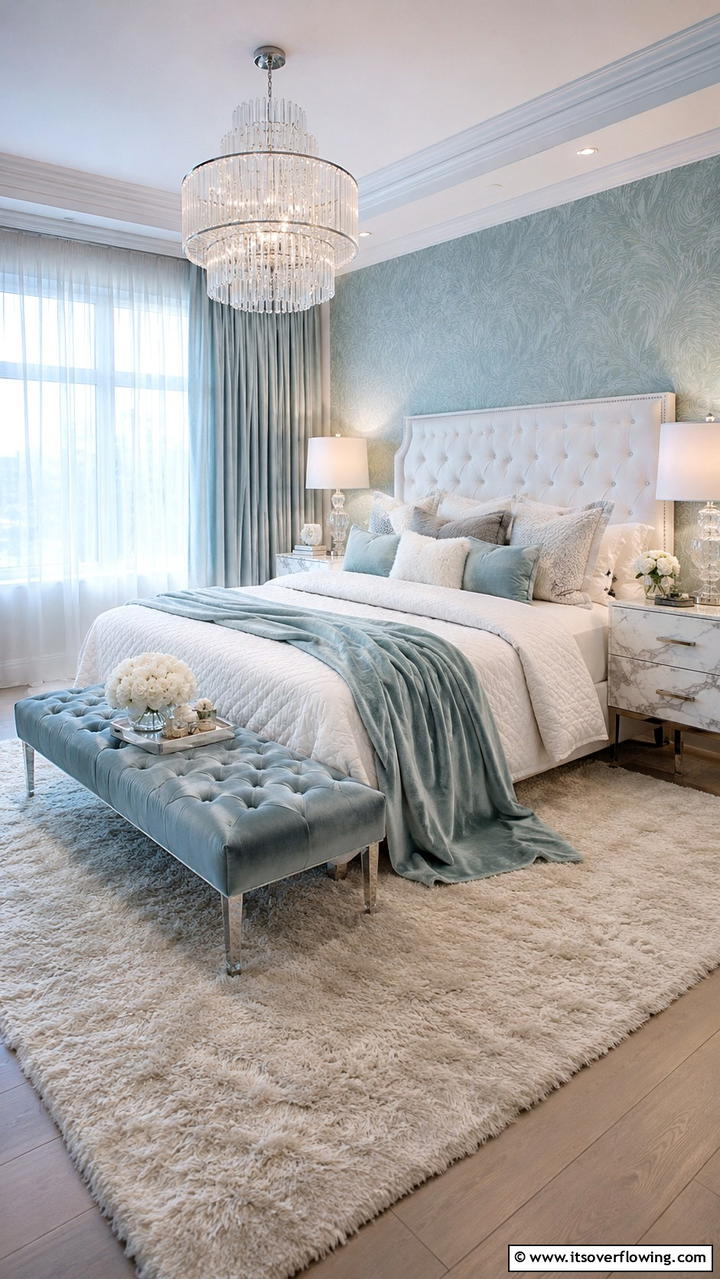 Luxurious Layered Textures - 30 Duck Egg Blue Bedroom Ideas for Serene Spaces