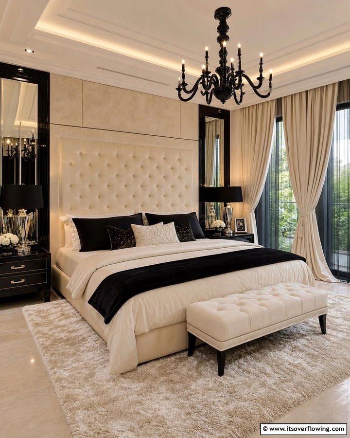 Luxurious Layers in Cream and Black - 21 Cream & Black Bedroom Ideas- Sophisticated Contrast