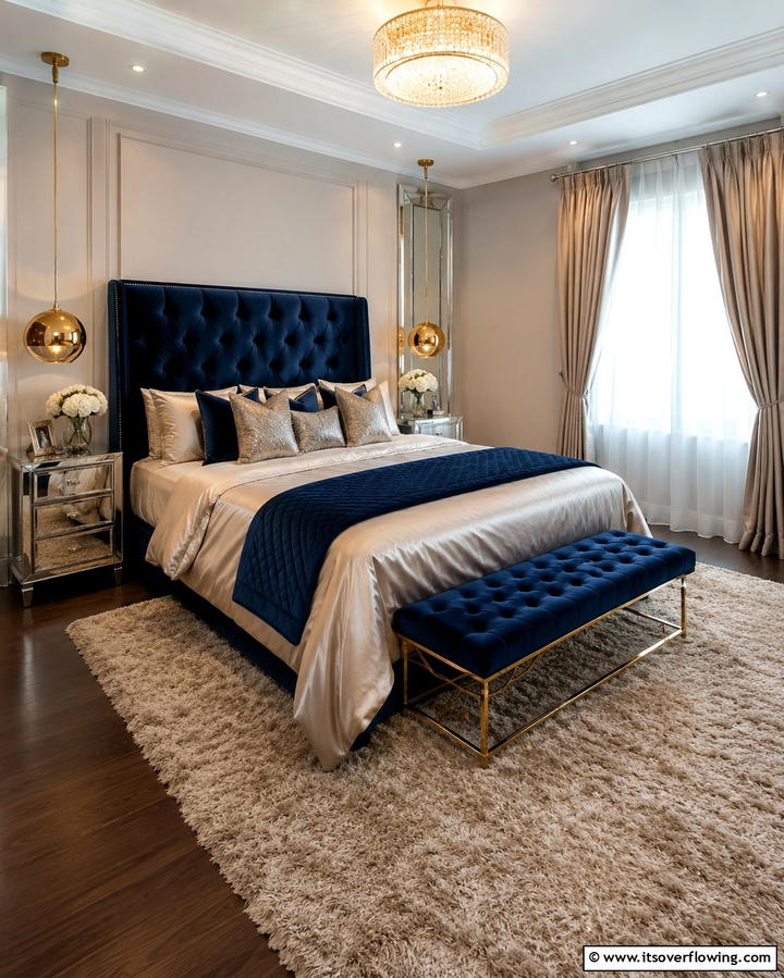 Luxurious Layers with Velvet and Satin - 25 Blue and Beige Bedroom Ideas for a Calming Space