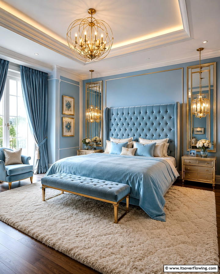 Luxurious Light Blue and Gold Accents - 25 Light Blue Bedroom Ideas for a Serene Retreat