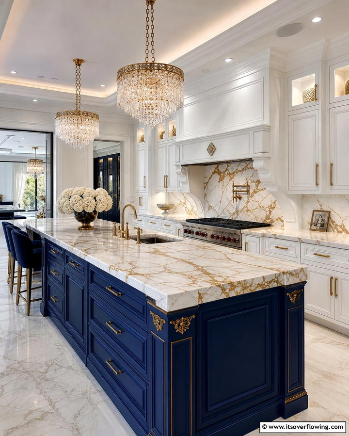 Luxurious Look with White Cabinets and Royal Blue Island - 25 White Kitchen Cabinets With Blue Island Ideas
