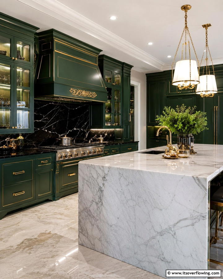 Luxurious Marble Accents - 30 Green Kitchen Cabinets & Black Countertops Pairing Ideas