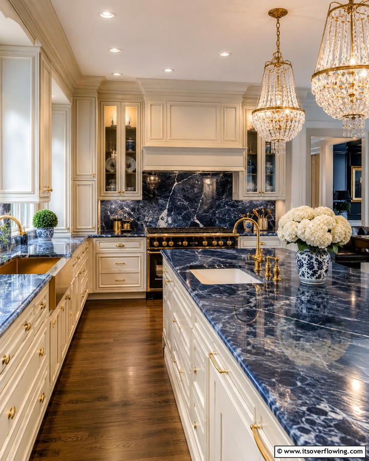 Luxurious Marble Effect - 30 Blue Countertop Kitchen Ideas for Bold Statement Spaces