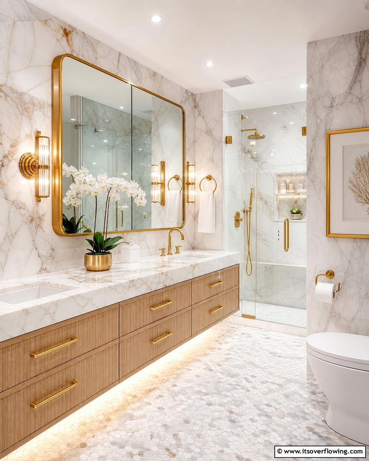 Luxurious Marble and Brass Fixtures - 30 Luxurious Marble Bathroom Ideas for a Spa-Like Retreat