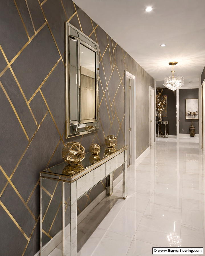 Luxurious Metallic Accents for a Glamorous Hallway - 30 Hallway Wallpaper Ideas for a Striking Entryway