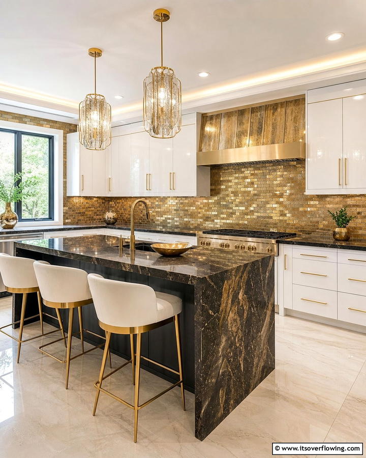 Luxurious Metallic Sheen - 21 Backsplash Ideas for White Cabinets and Granite Counters