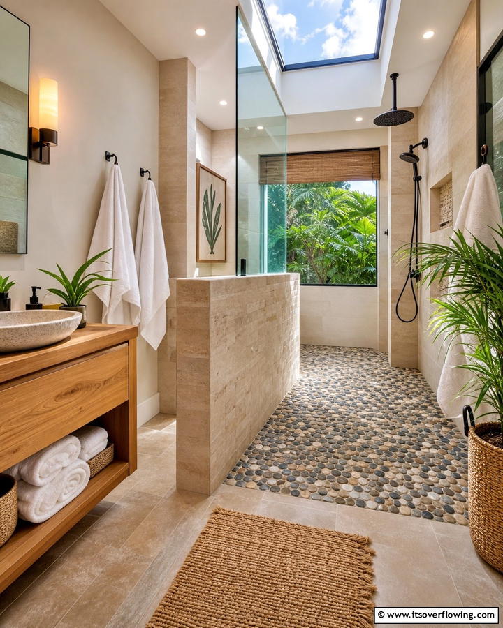 Luxurious Pebble Floor - 30 Half-Wall Shower Ideas- Sleek Bathroom Design Solutions