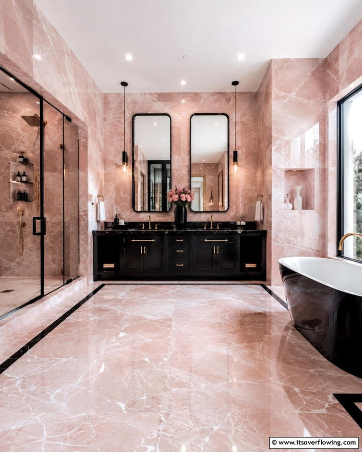 Luxurious Pink Marble and Black Accents - 25 Pink and Black Bathroom Ideas for a Bold and Chic Look