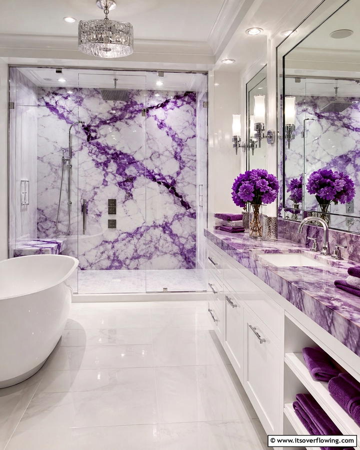 Luxurious Purple Marble Accents - 25 Purple Bathroom Ideas for a Bold and Beautiful Space