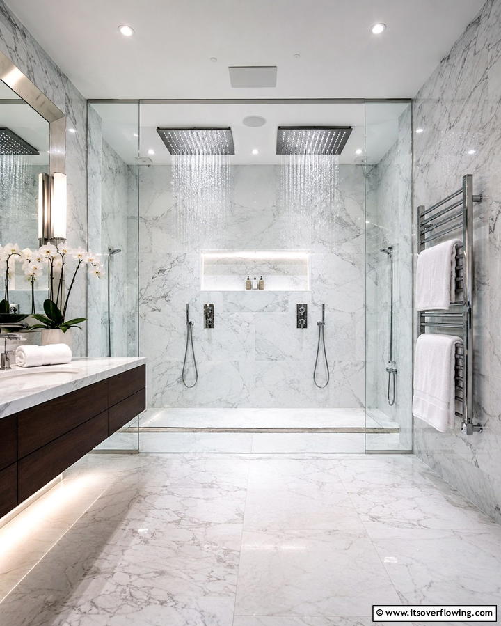 Luxurious Rainfall Double Showerheads - 25 Double Shower Ideas for a Luxurious Bathroom