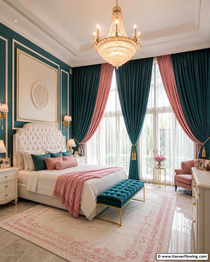 Luxurious Teal and Pink Drapery - 30 Teal and Pink Bedroom Ideas for Bold Modern Design