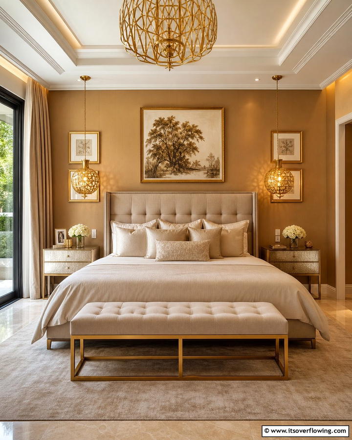 Luxurious Touch with Gold Accents - 25 Tan Bedroom Ideas for a Warm and Cozy Space
