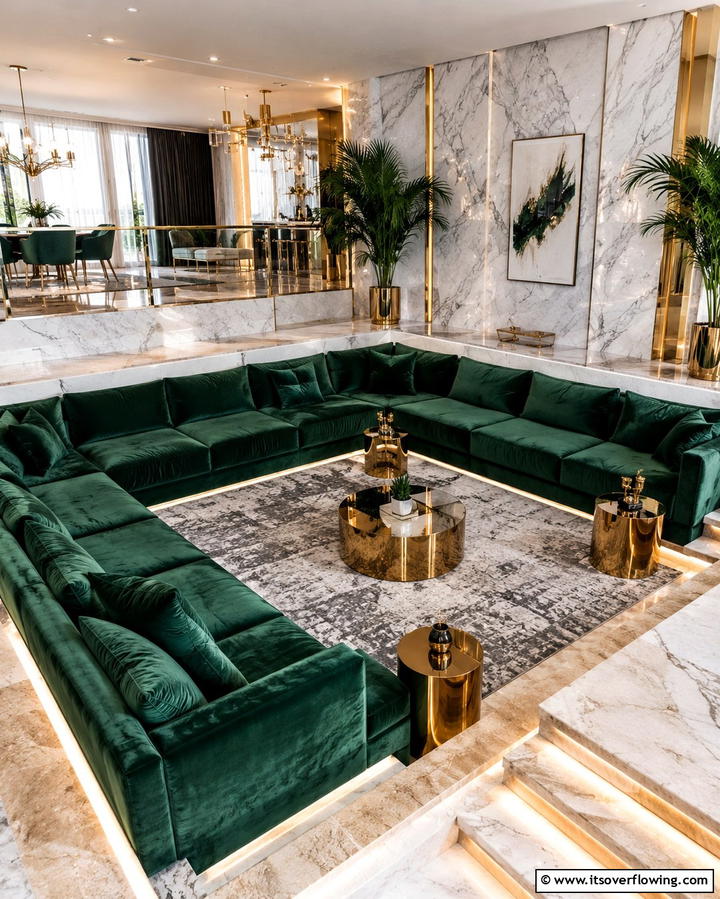 Luxurious Velvet Accents - 25 Sunken Living Room Ideas for a Modern and Cozy Space