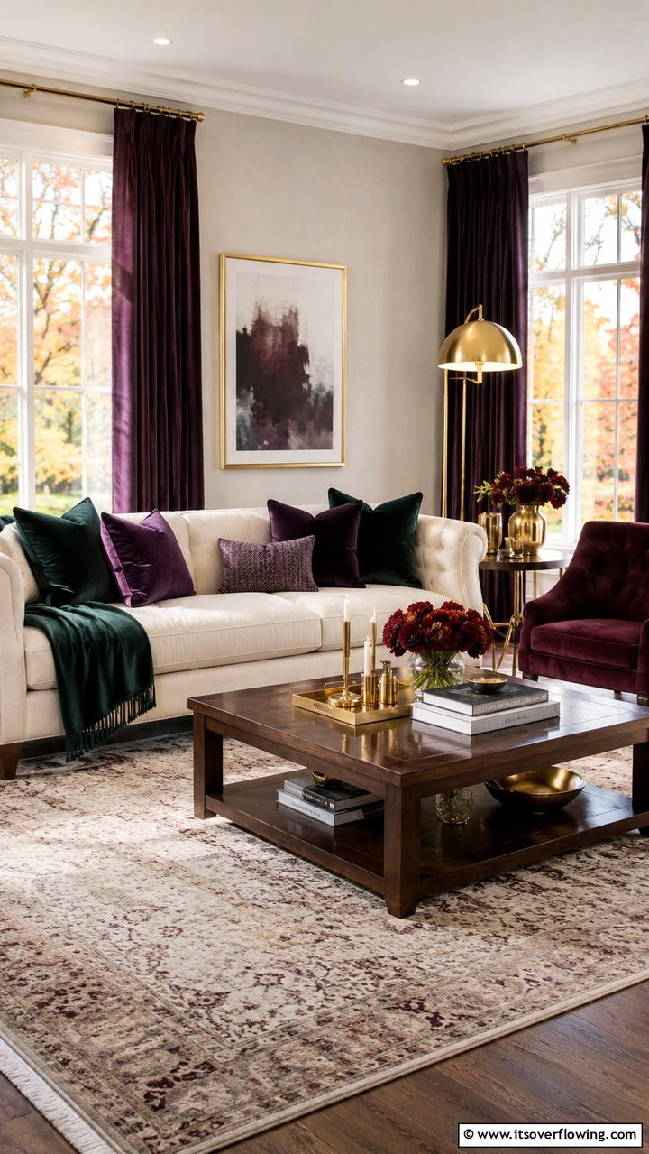 Luxurious Velvet Accents - 30 Cozy Fall Living Room Ideas to Embrace Autumn Vibes