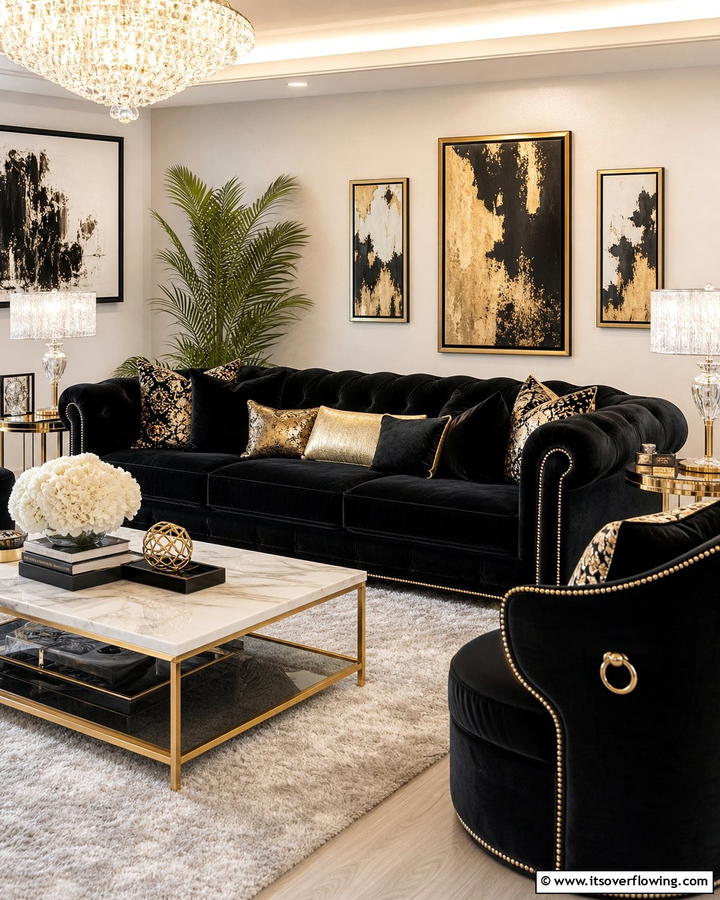 Luxurious Velvet Black Seating - 21 Chic Black Couch Living Room Styling Inspirations