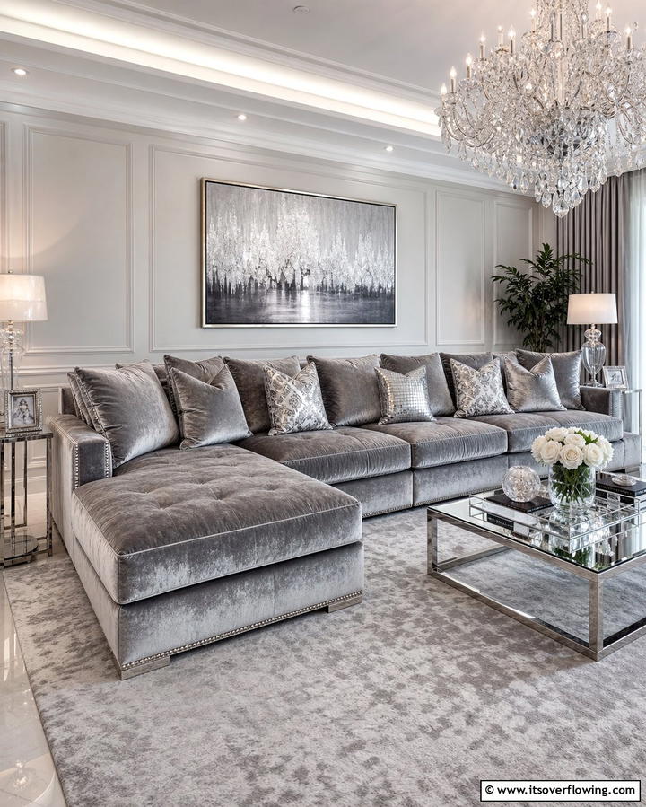 Luxurious Velvet Finish - 25 Grey Sectional Living Room Ideas for Modern Homes