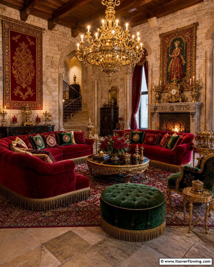 Luxurious Velvet Furnishings - 25 Castle Living Room Ideas for a Majestic and Regal Ambiance