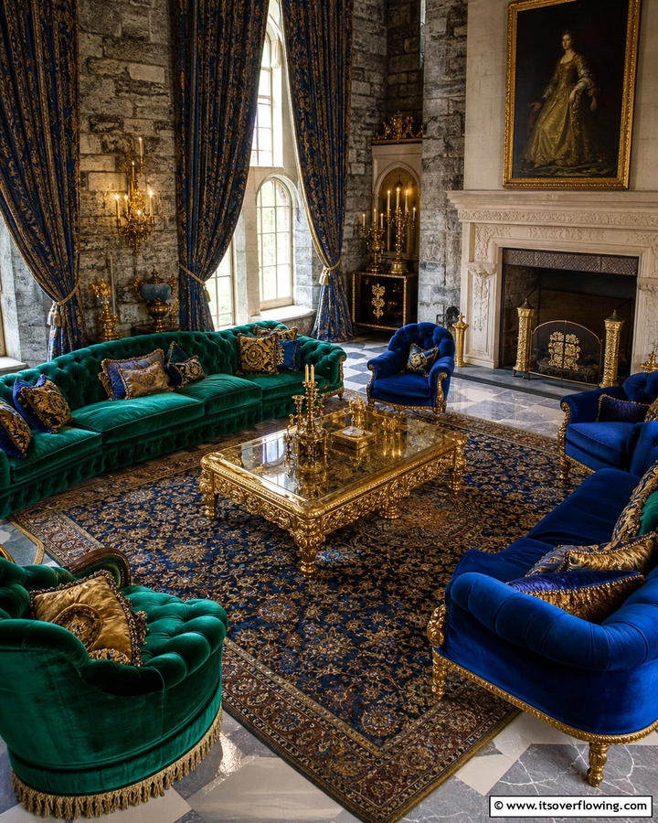 Luxurious Velvet Furniture - 25 Castle Living Room Ideas for a Majestic and Regal Ambiance