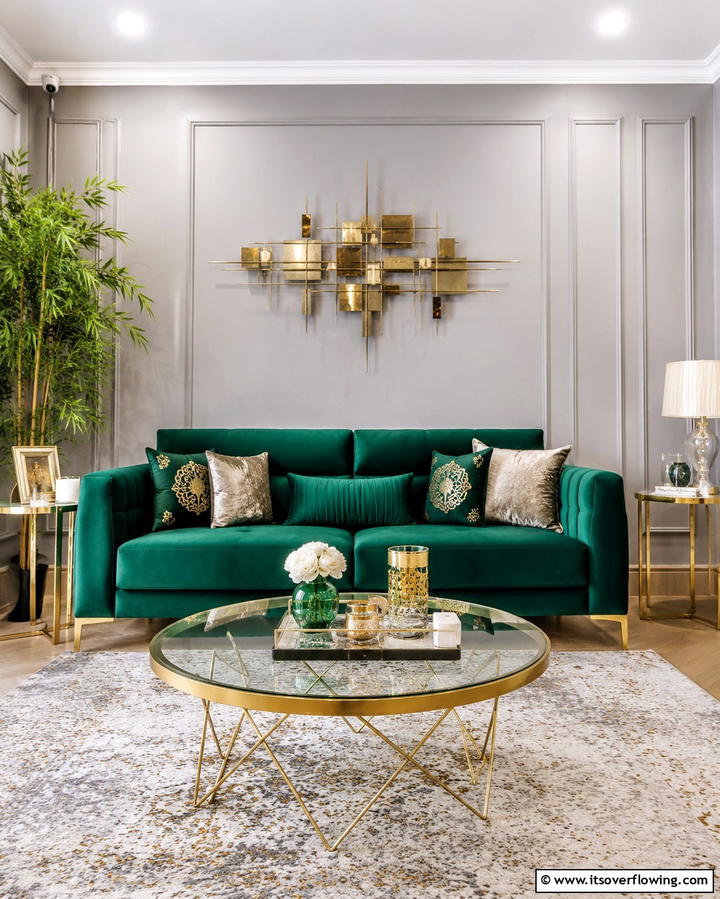 Luxurious Velvet Green Sofa - 25 Green and Gold Living Room Ideas for Luxury