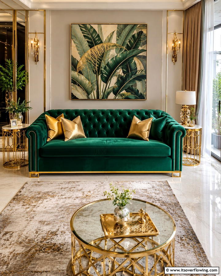 Luxurious Velvet Sofa in Emerald Green - 25 Emerald Green and Gold Living Room Ideas for Luxury