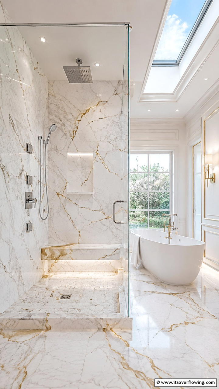Luxurious Walk In Shower with Marble Bench - 21 Walk-In Shower Ideas With Bench for Spa-Like Comfort