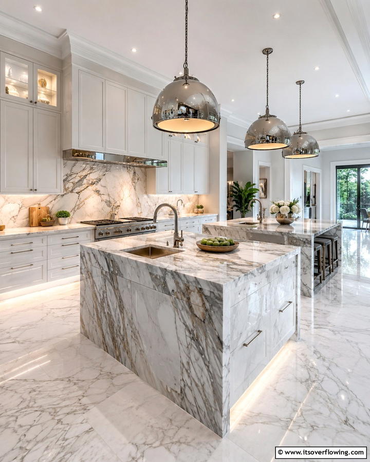 Luxurious Waterfall Edges - 25 Double Island Kitchen Ideas for Spacious Cooking