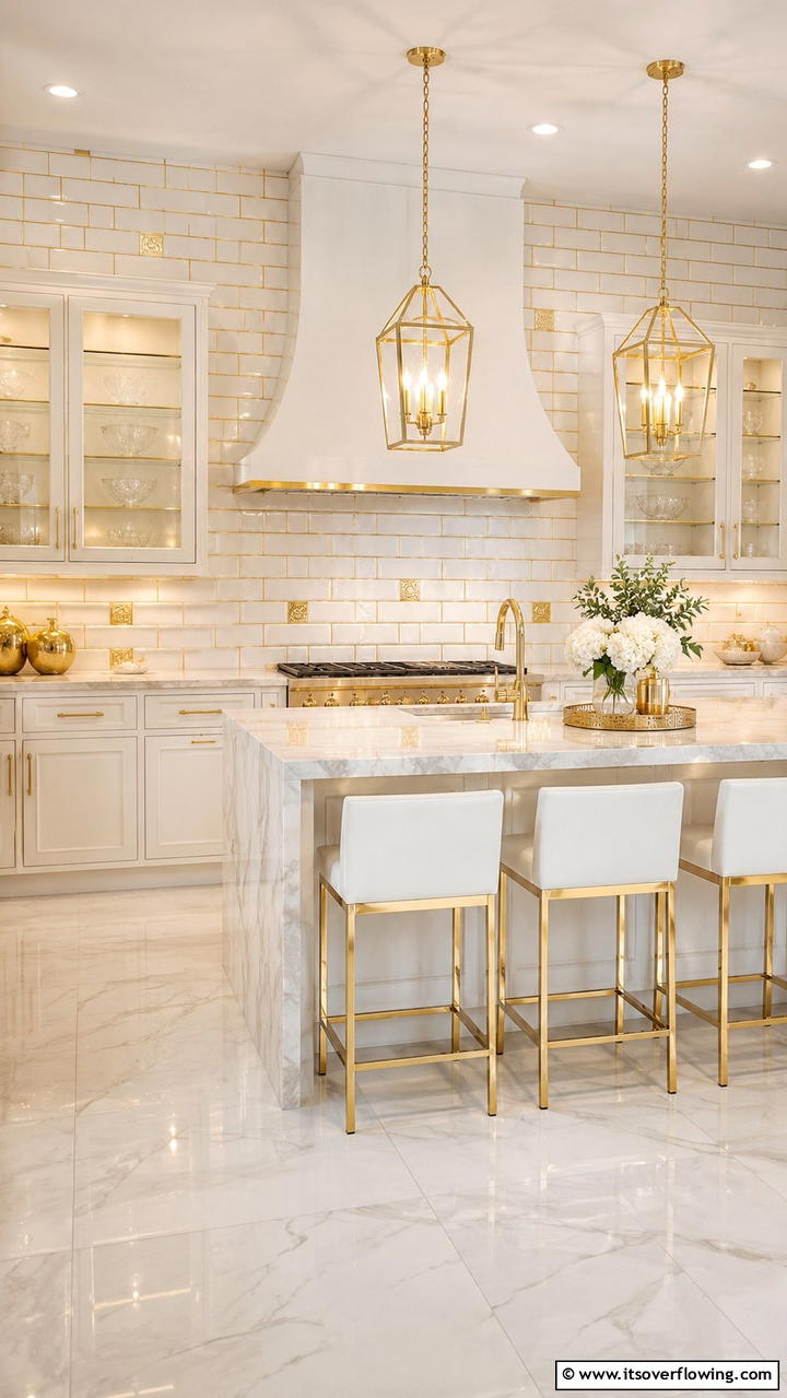 Luxurious White Subway Tiles with Gold Accents - 21 White and Gold Kitchen Ideas for Timeless Elegance