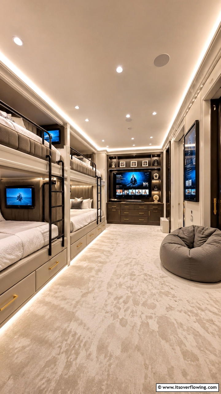 Luxury Bunk Room with Integrated Entertainment - 30 Bunk Room Ideas for Fun and Functional Kids’ Spaces