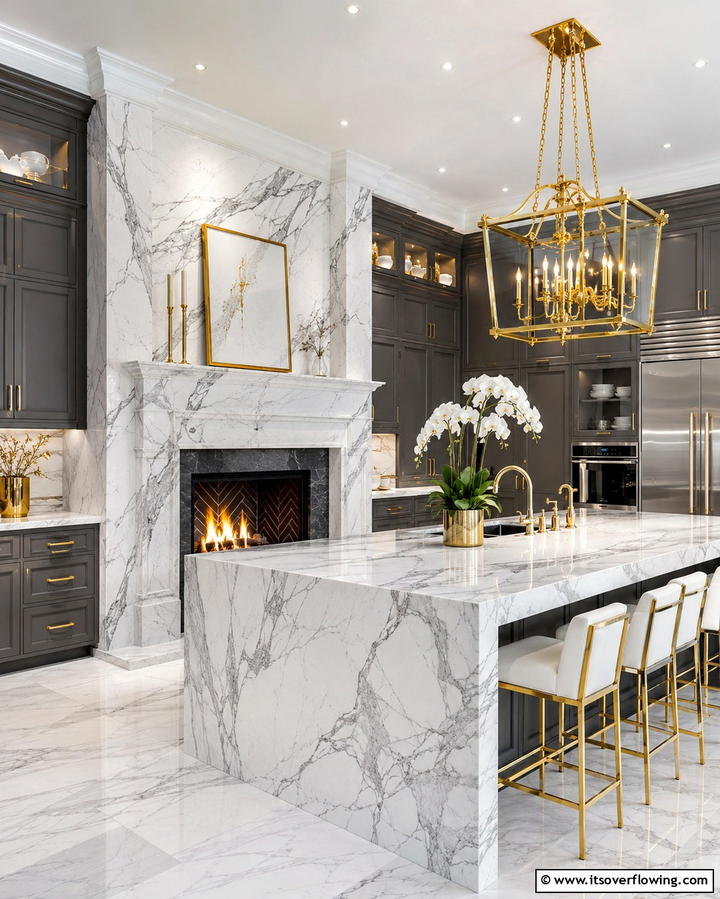 Luxury Kitchen with a Marble Fireplace - 25 Kitchens With Fireplaces for a Unique Cooking Space
