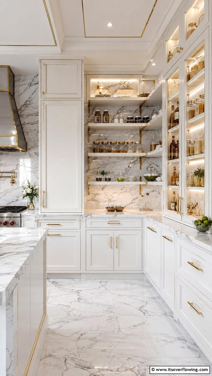 Luxury Marble and Gold Accents Pantry - 30 Corner Pantry Ideas to Maximize Kitchen Storage