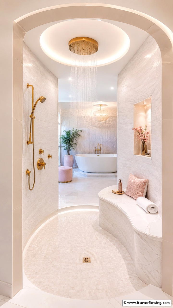 Luxury Retreat Walk In Shower with Curved Bench - 21 Walk-In Shower Ideas With Bench for Spa-Like Comfort