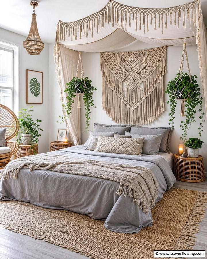 Macrame Accents for a Boho Touch - 20 Grey Boho Bedroom Ideas for a Cozy Vibe