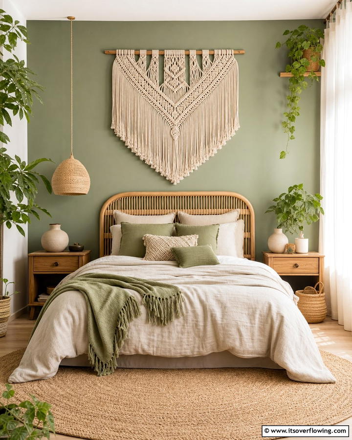 Macrame Wall Hangings - 25 Boho Sage Green Bedroom Ideas for a Serene Retreat
