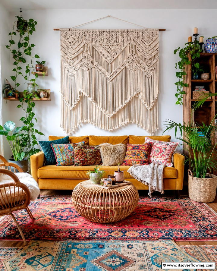 Macrame Wall HangingsExact - 25 Colorful Boho Living Room Ideas for a Vibrant Space