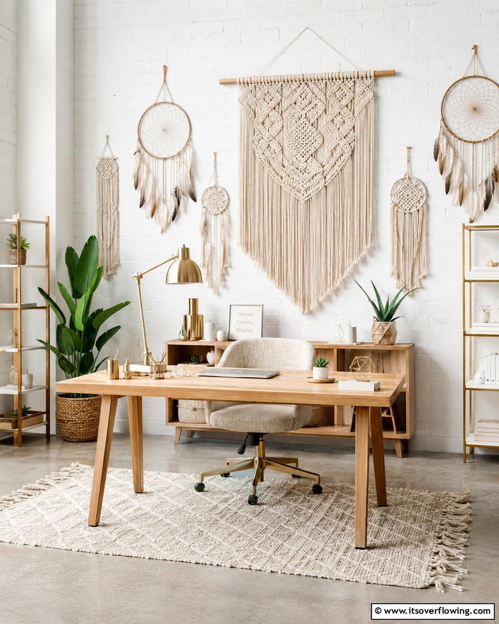 Macrame and Dreamcatcher Decor Office - 30 Bohemian Home Office Ideas for Eclectic Workspace Vibes